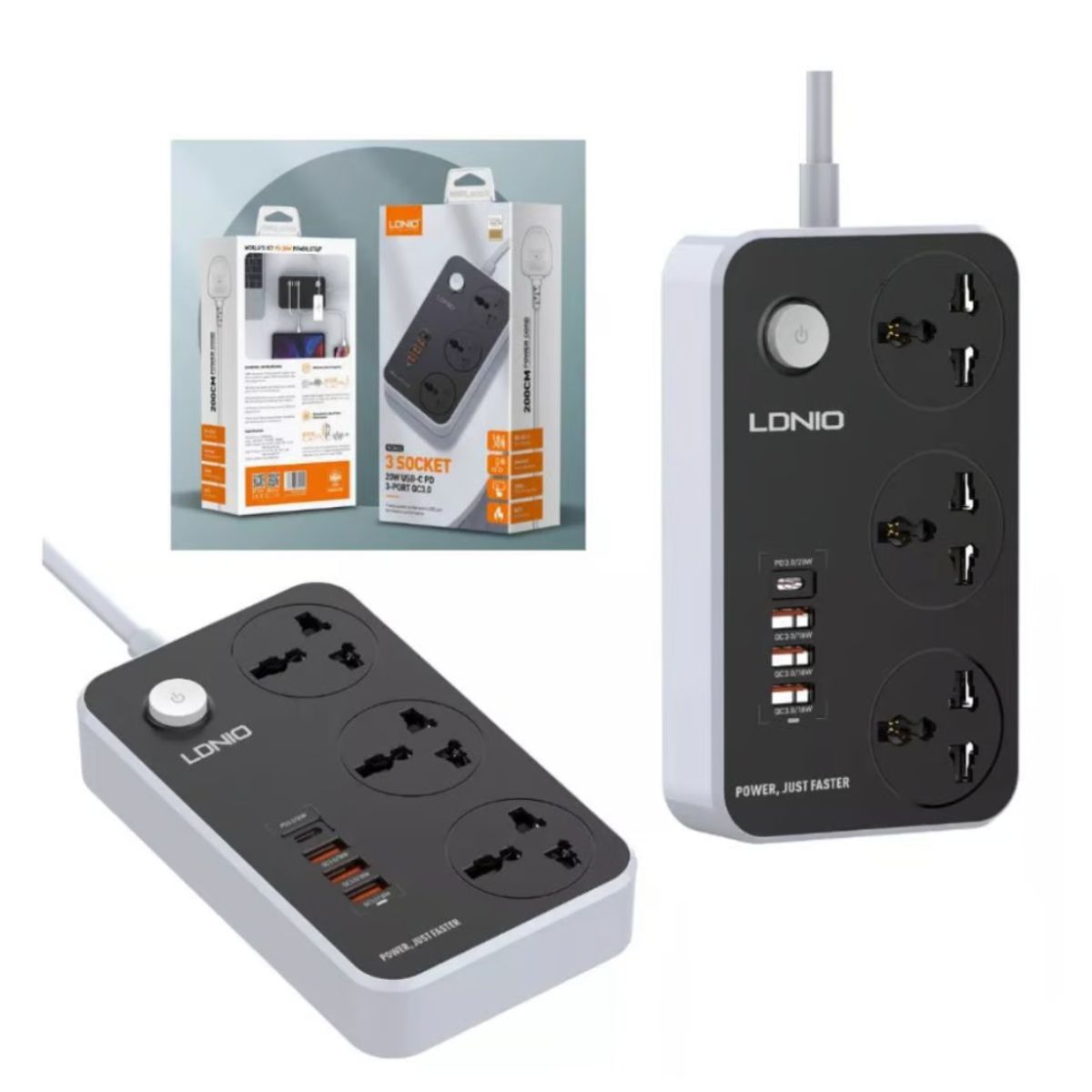 LDNIO - Supresor De Picos Extensión LDNIO 3 Tomas Universales 3 USB-A y 1USB-C