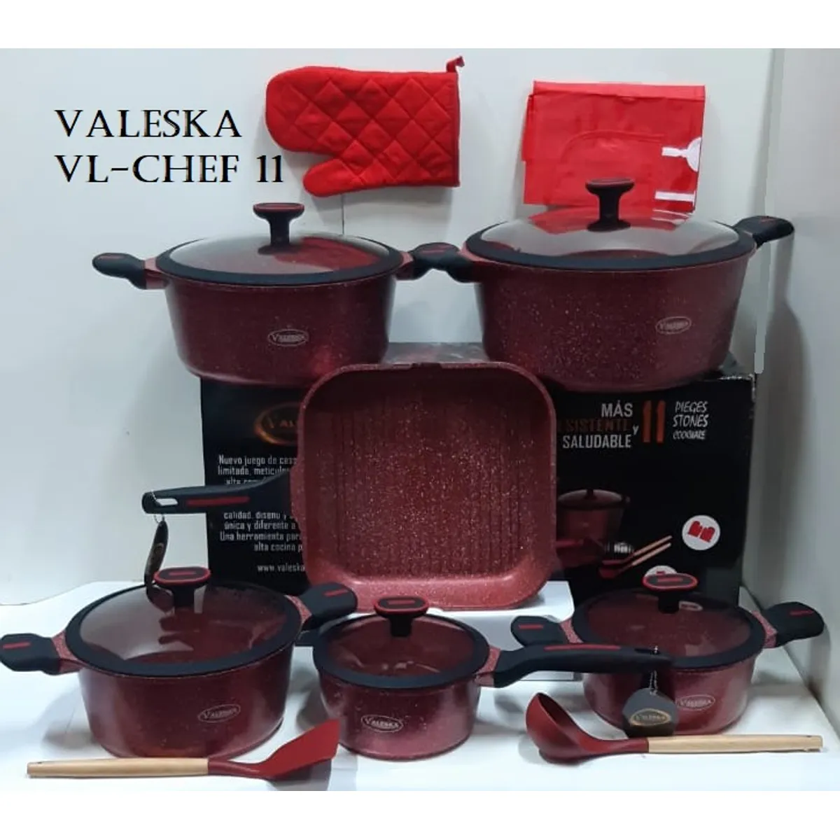 VALESKA - JUEGO DE OLLAS ROCA VOLCANICA VALESKA ROJO 11PZ