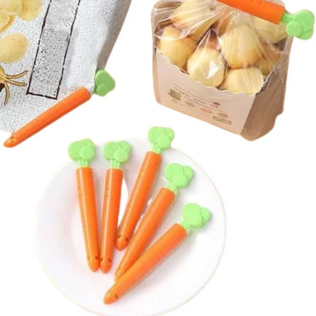 GENERICO - Clip Sellador de Bolsas Modelo Zanahoria Set x 5 + Bandeja con Imán