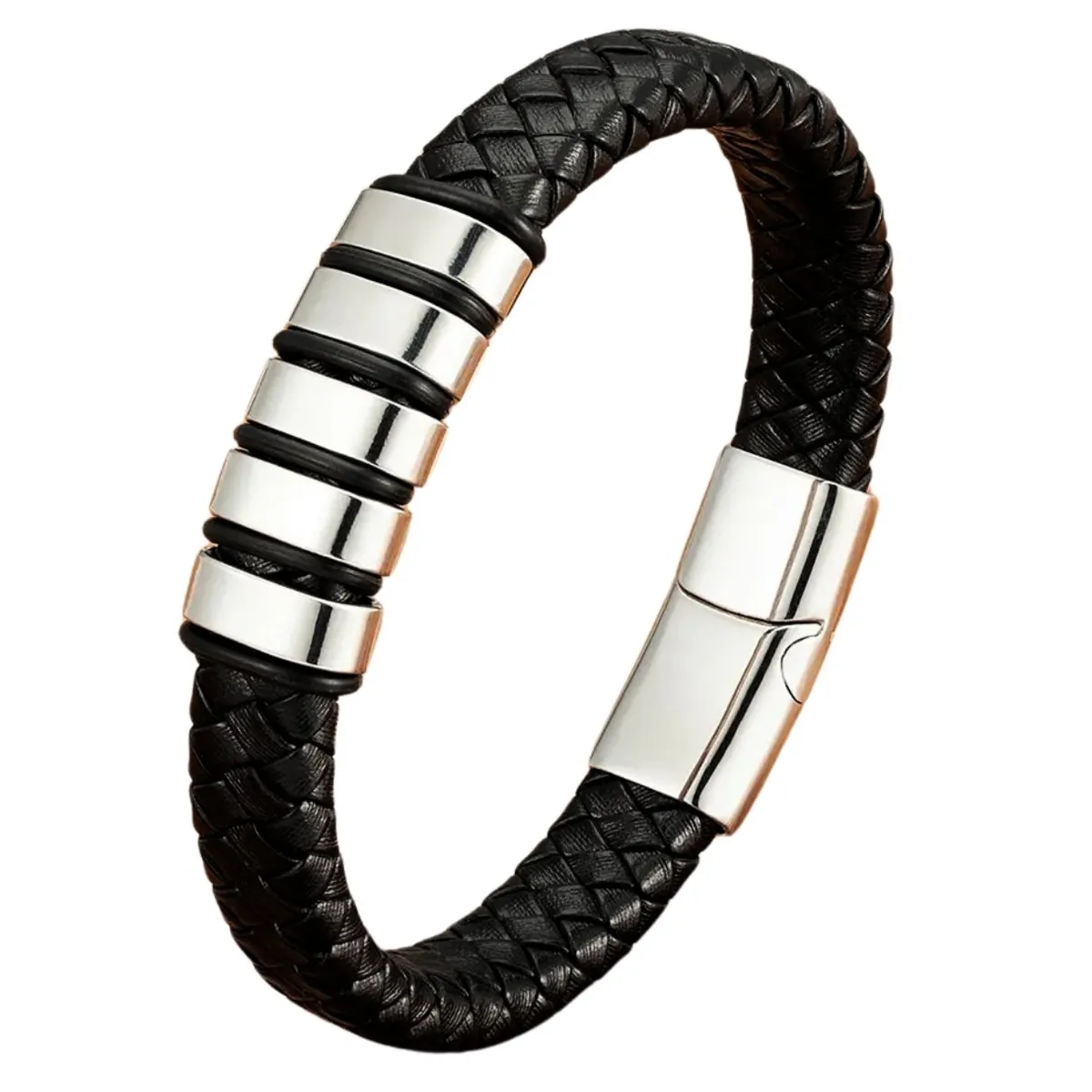 GENERICO - Pulsera Cuero Trenzado Hombre Acero Inoxidable Regalo Papá