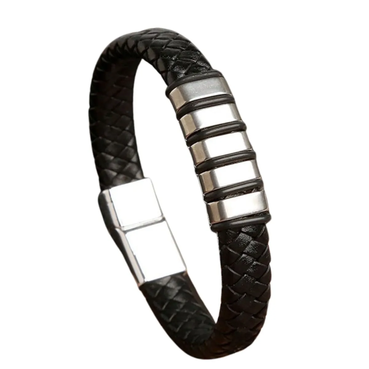 GENERICO - Pulsera Cuero Trenzado Hombre Acero Inoxidable Regalo Papá