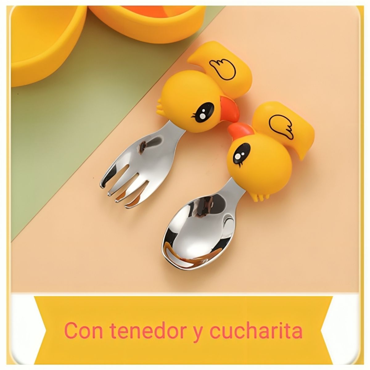 GENERICO - Plato de Silicona Patito con 2 Cubiertos para Bebés Niños