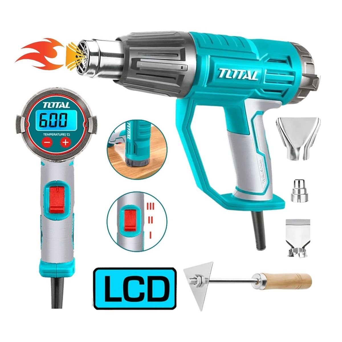 TOTAL TOOLS - Pistola de calor 2000w con pantalla digital con accesorios Total