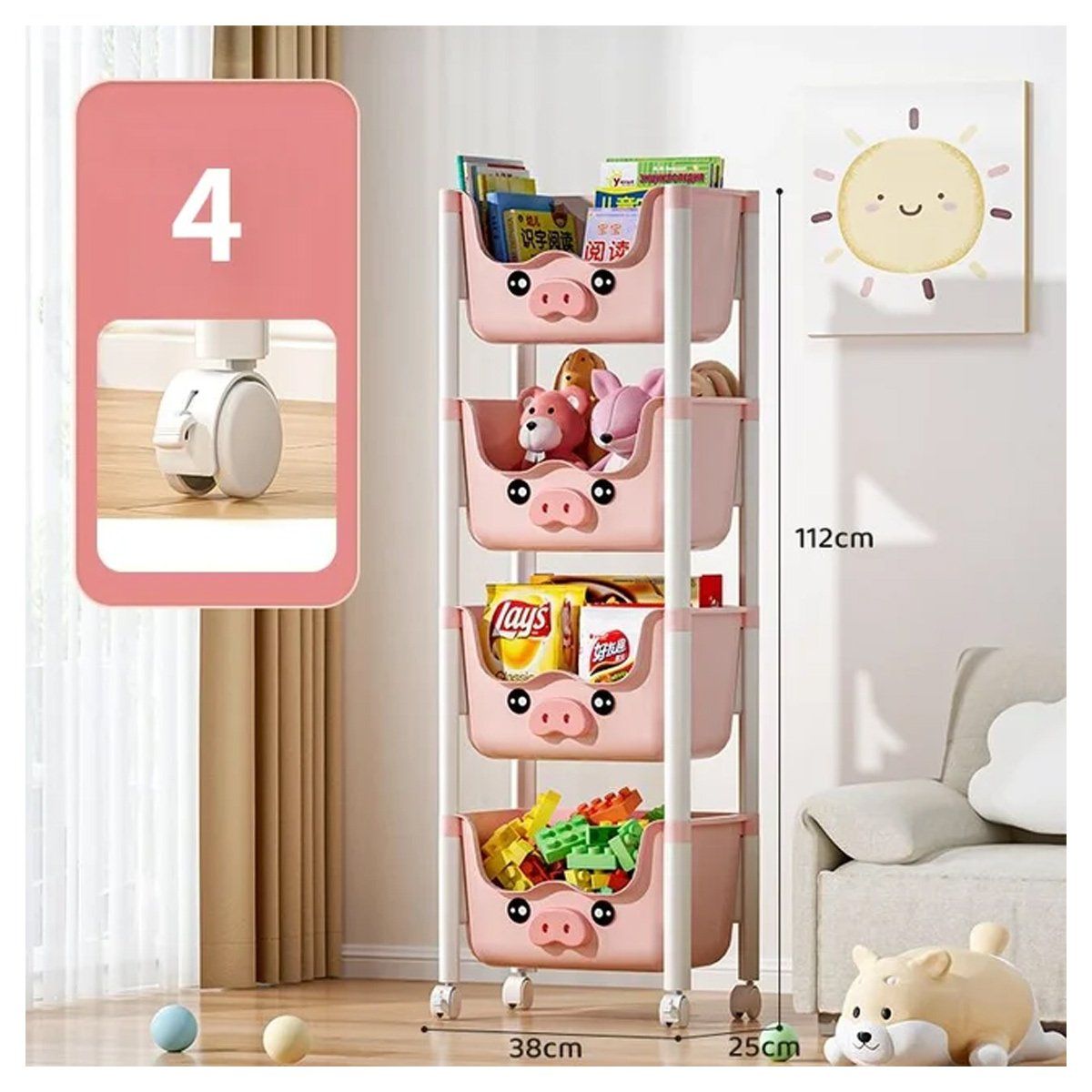 GENERICO - Organizador Caja De Juguetes 4 Niveles Plegable Con Ruedas Rosado