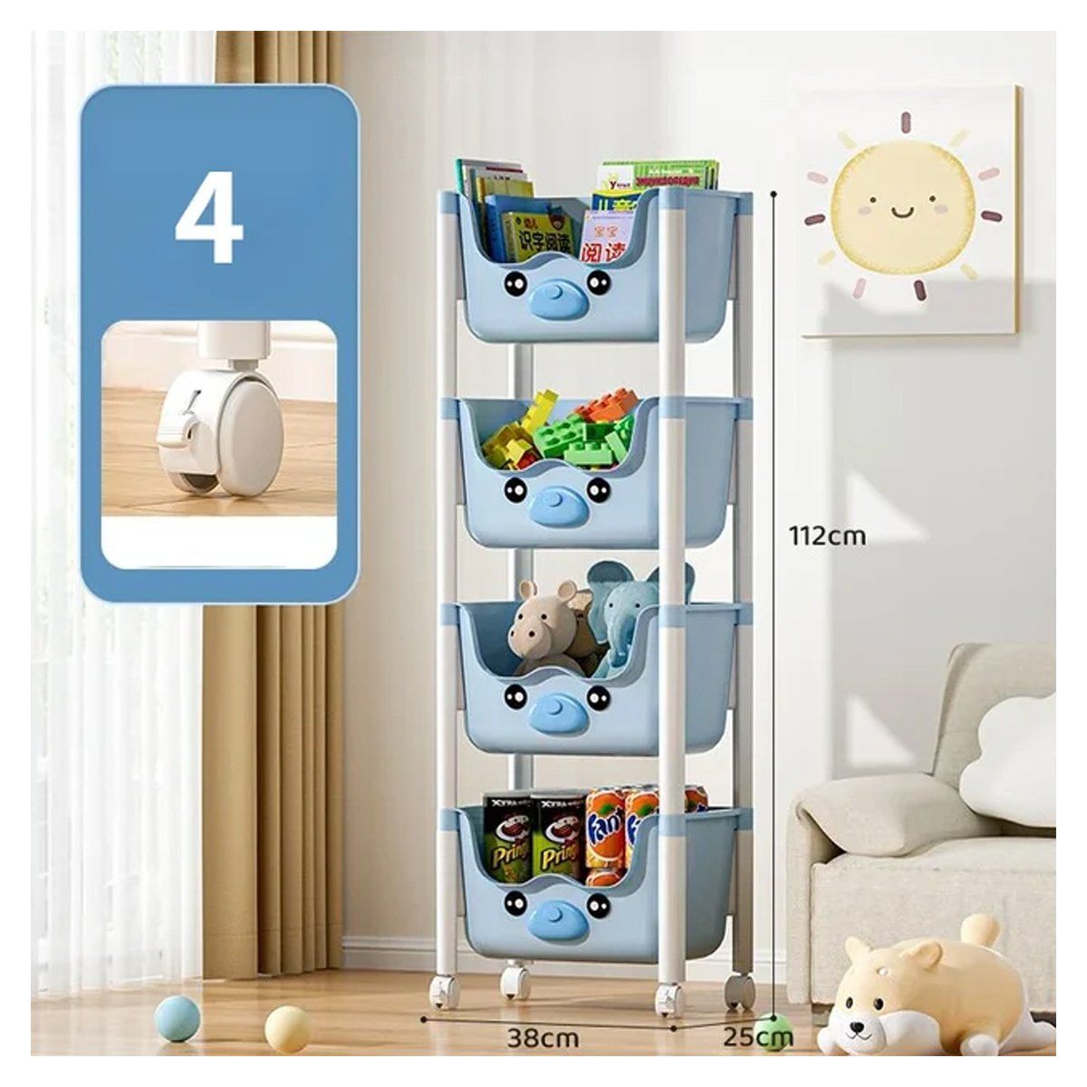 GENERICO - Organizador Caja De Juguetes 4 Niveles Plegable Con Ruedas Celeste