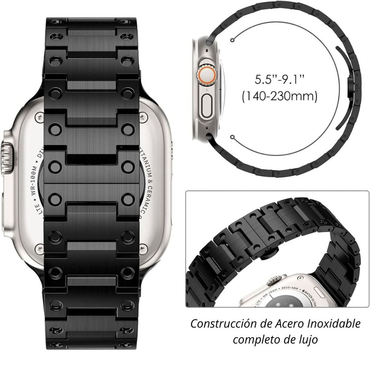 URVOI - Correa De Acero Para Apple Watch Double Point 44-45-46-49 mm Negro