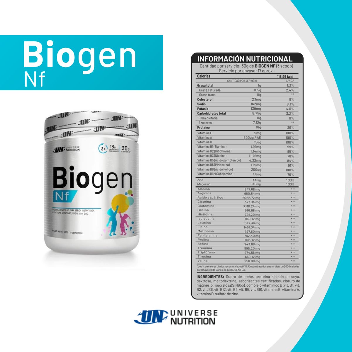 UNIVERSAL NUTRITION - Proteína Niños Universe Nutrition Biogen Nf 500G Vainilla