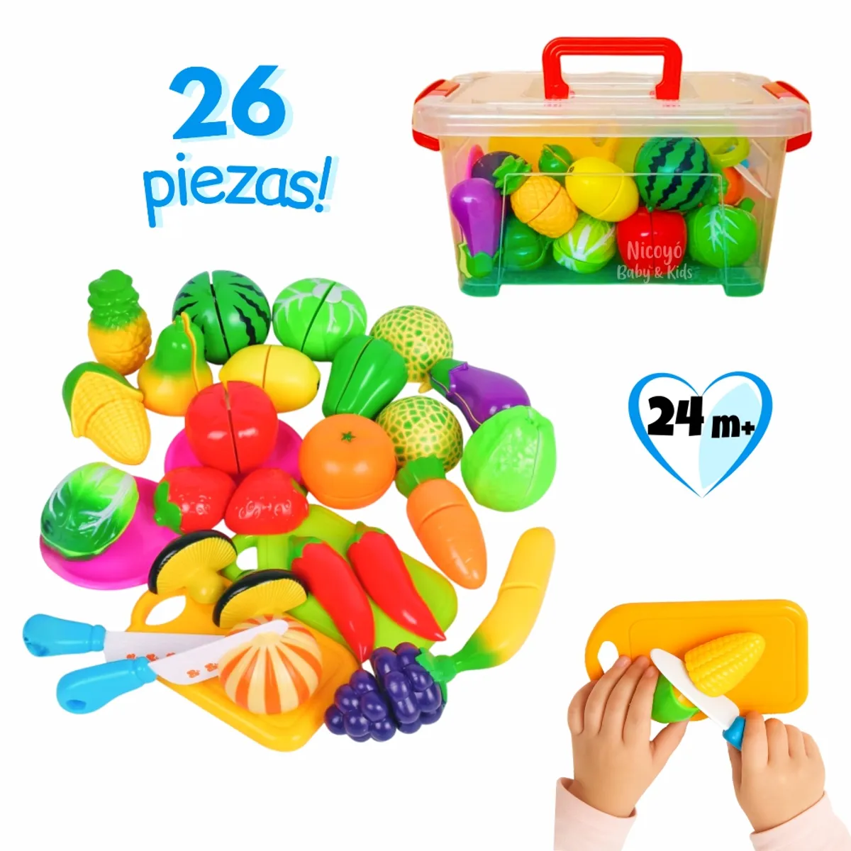 KIDS - Juego de Frutas y Verduras para Cortar – Set 26 Piezas en Caja de Almacenamiento