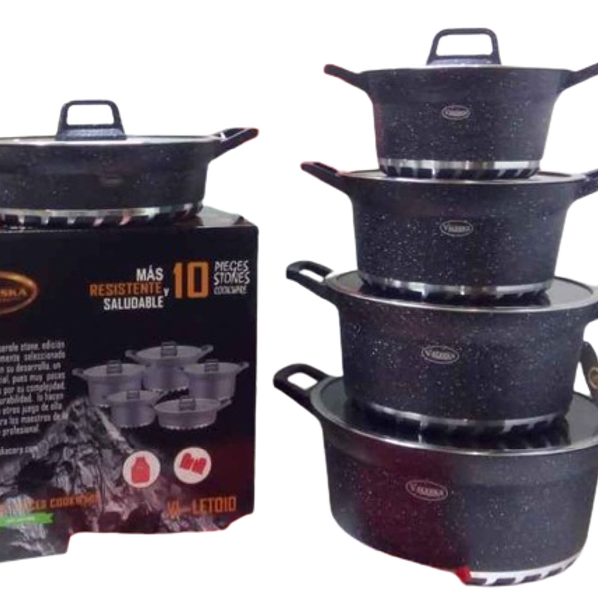 VALESKA - JUEGO DE OLLAS ROCA VOLCANICA  VALESKA PLOMO - 10 PZ