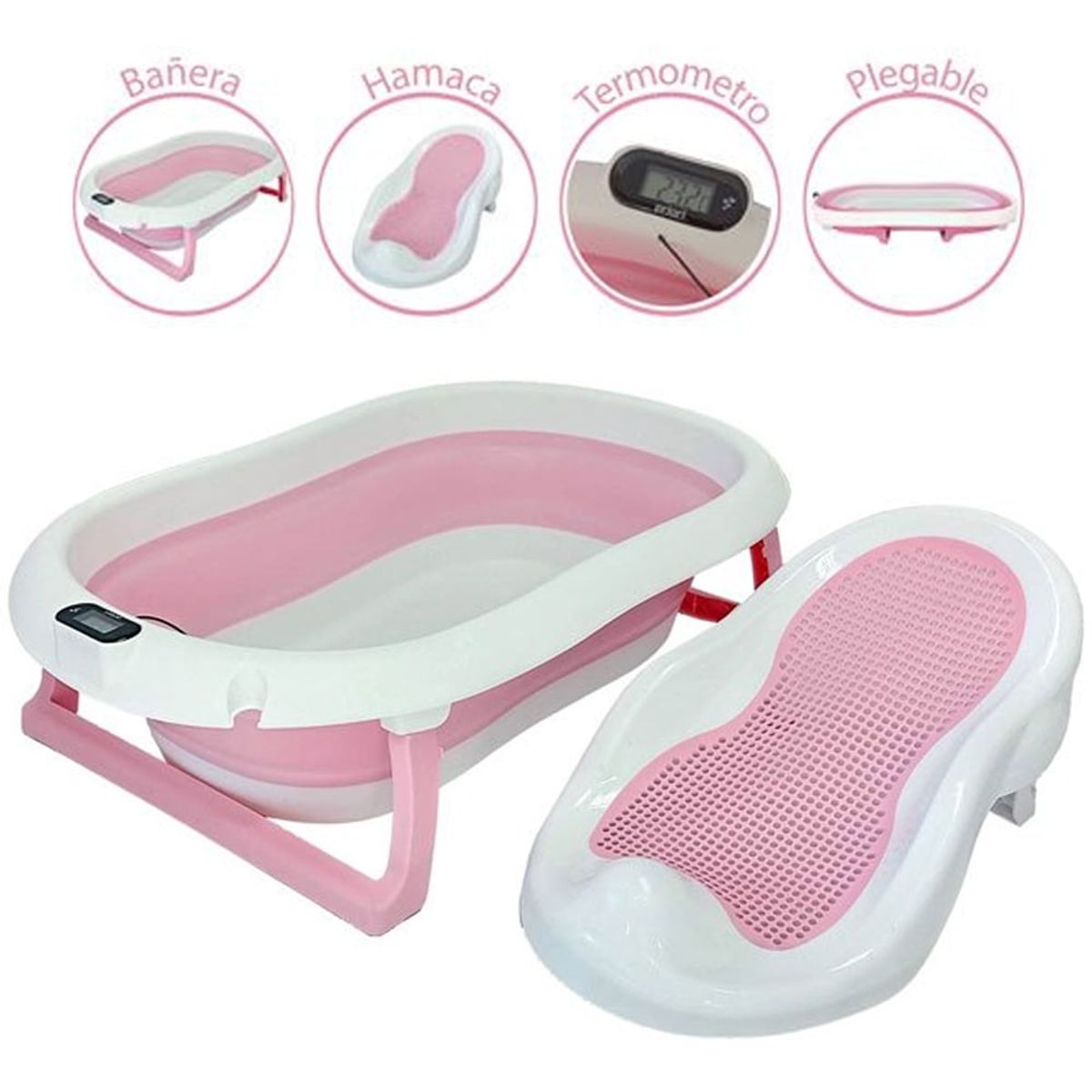 SEA HARVEST - Bañera Plegable Tina de Baño con Termómetro Digital Rosa