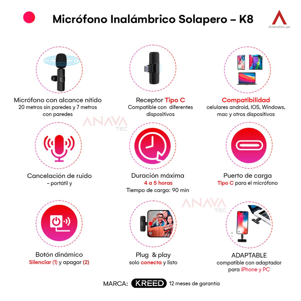KREED - Micrófono Solapero Inalámbrico Tipo C + Adaptador USB