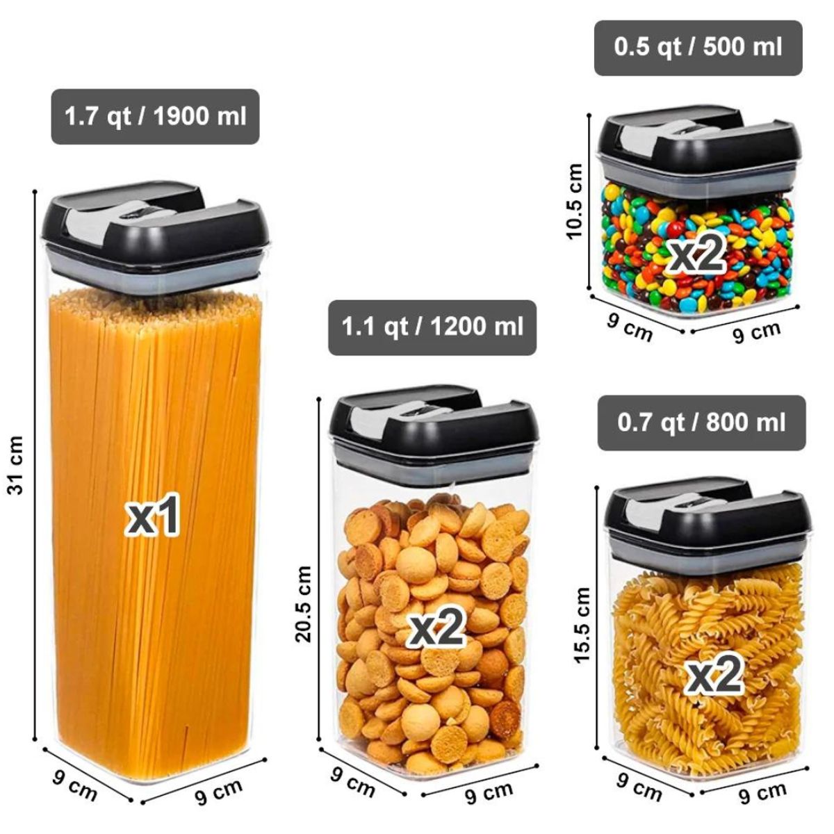 OEM - Set 7 Contenedores Frascos Tapa Negra Herméticos