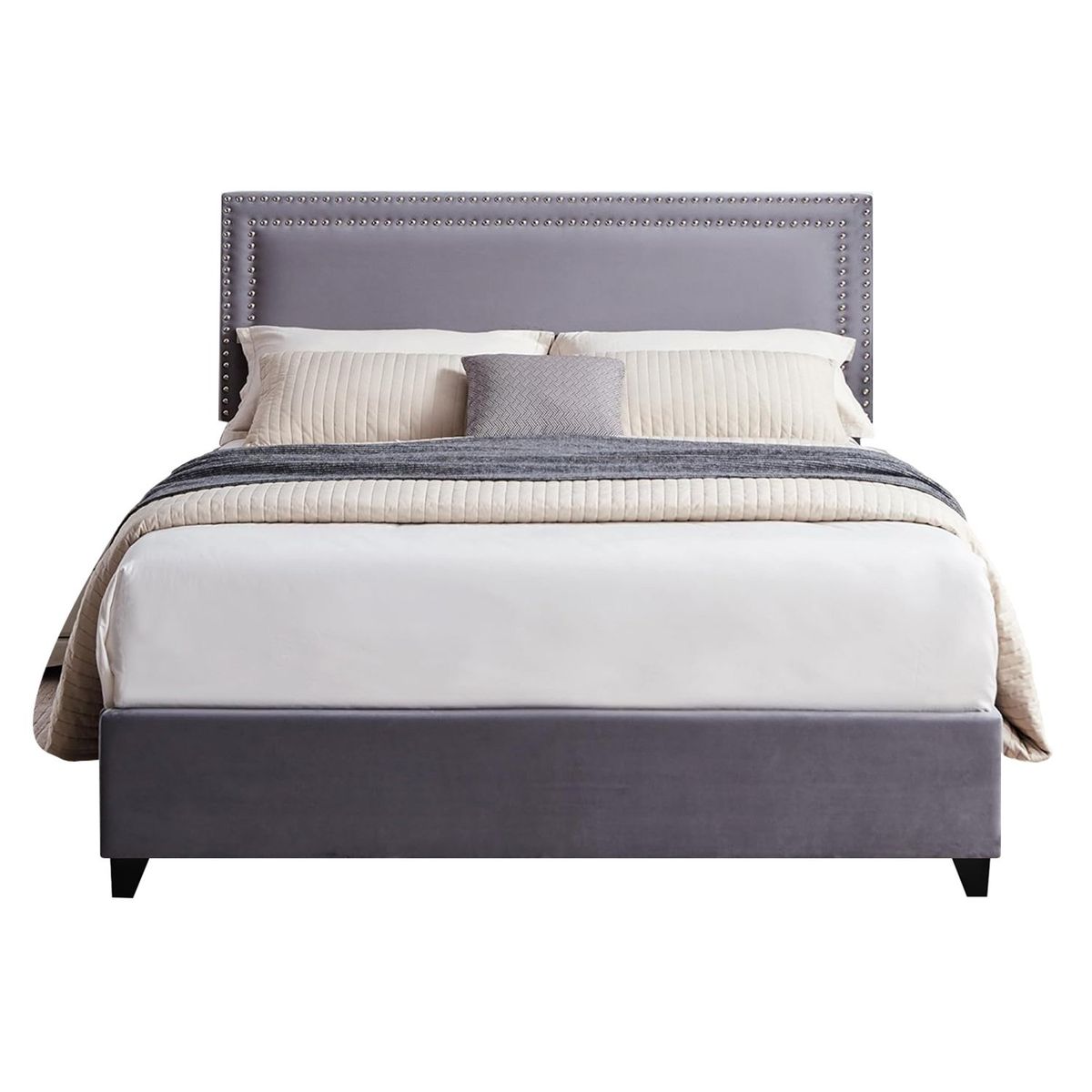 GENERICO - Cama Tapizada Lisa con Tachuelas Gris Queen