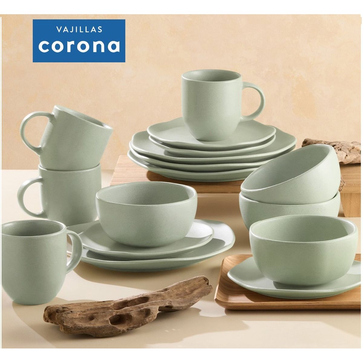 CORONA - Juego de Vajilla 16 Piezas CORONA - MODELO  VERDE OLIVO
