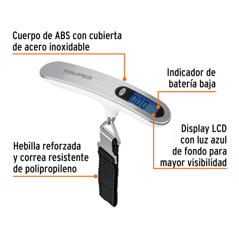 TRUPER - Balanza Electronica para Maleta 50kg 4 Medidas Pila CR2032, Truper 100787