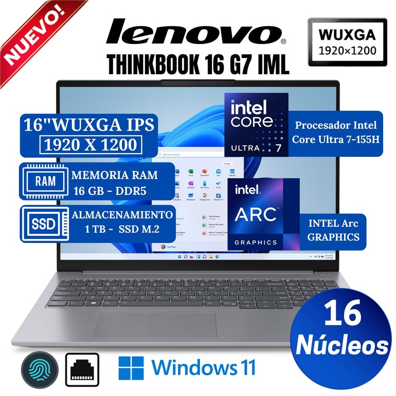 LENOVO - Laptop Lenovo ThinkBook 16 G7 IML 16" WUXGA IPS, Intel Core Ultra 7-155H, Ram 16GB, Ssd 1 TB, Win 11