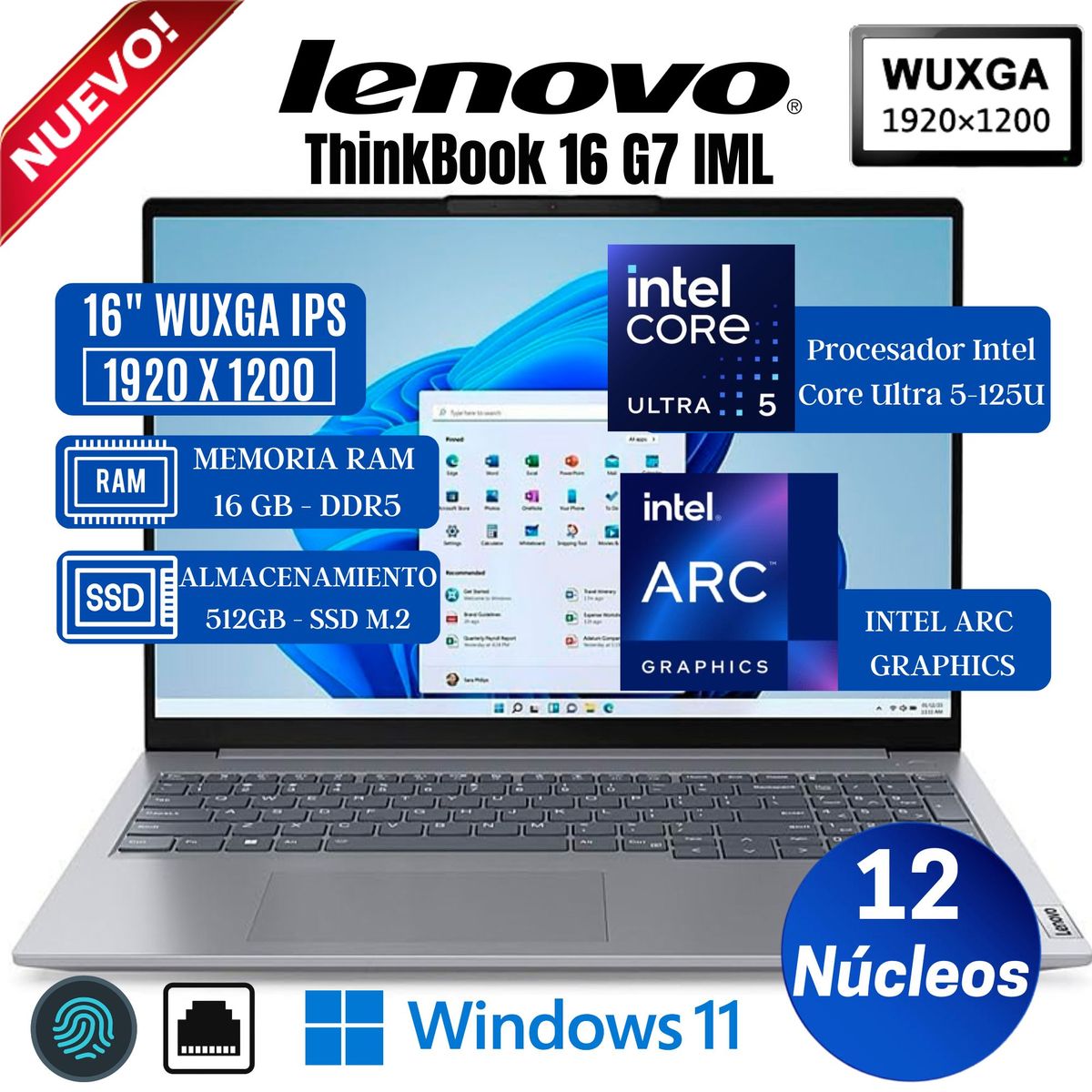LENOVO - Laptop Lenovo ThinkBook 16 G7 IML 16" WUXGA IPS, Core Ultra 5-125U, Ram 16GB, SSD 512 GB, Win 11 Pro