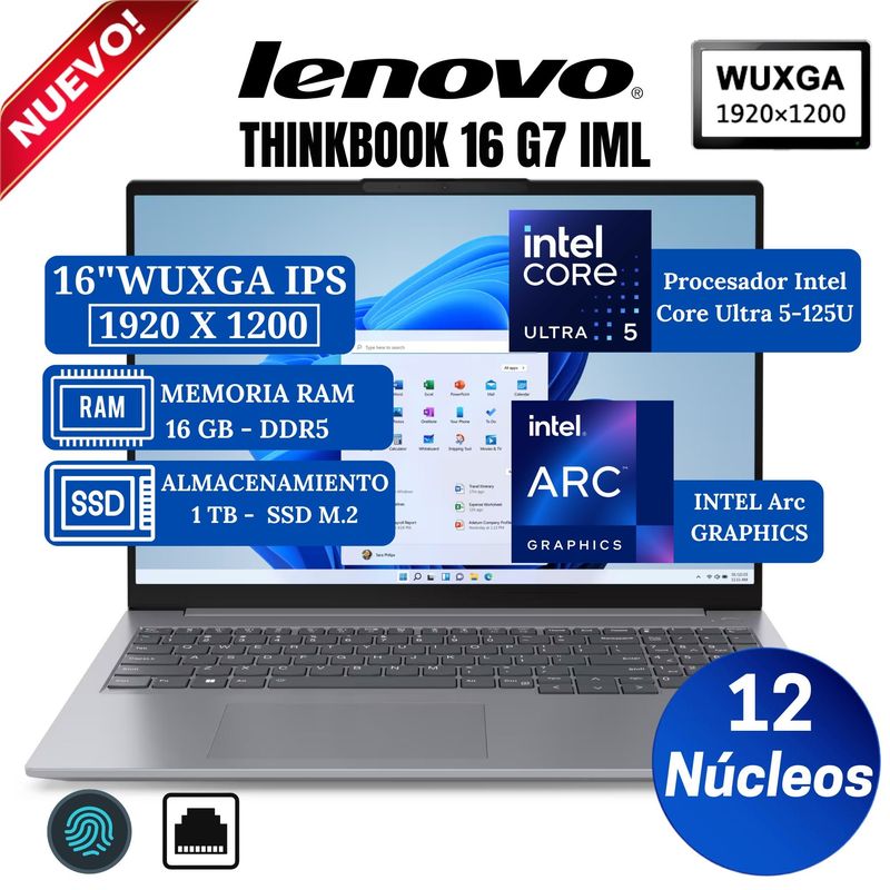 LENOVO - Laptop Lenovo ThinkBook 16 G7 IML 16" WUXGA IPS, Core Ultra 5-125U, Ram 16GB, SSD 1 TB, Win 11 Pro