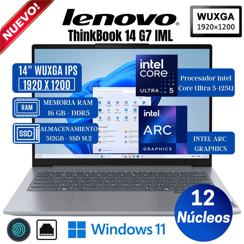 LENOVO - Laptop Lenovo ThinkBook G7 IML 14" WUXGA IPS, Core Ultra 5-125U, Ram 16GB, Ssd 512GB, Win 11 Pro