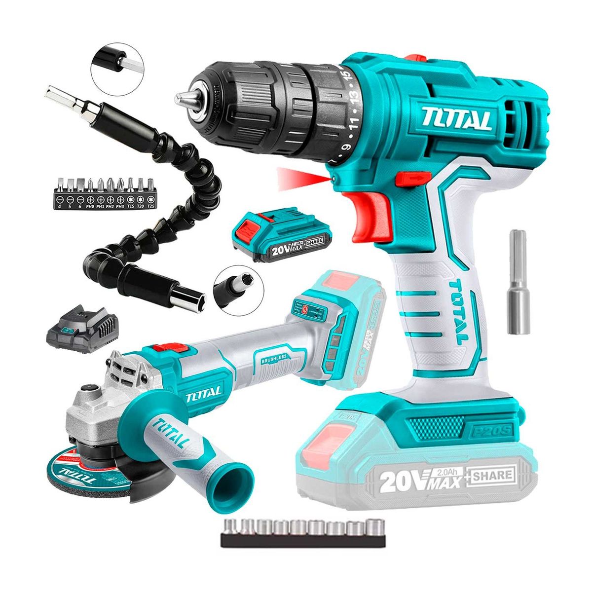 TOTAL TOOLS - TALADRO ATORNILLADOR INALAMBRICO + AMOLADORA ANGULAR TOTAL +21 ACCES