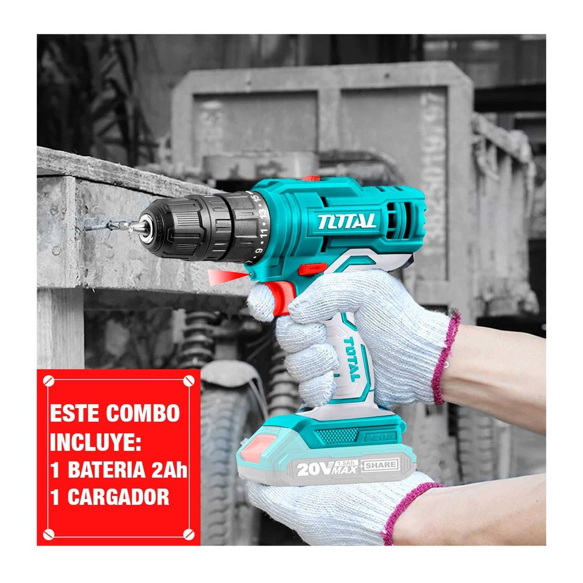 TOTAL TOOLS - TALADRO ATORNILLADOR INALAMBRICO + AMOLADORA ANGULAR TOTAL +21 ACCES