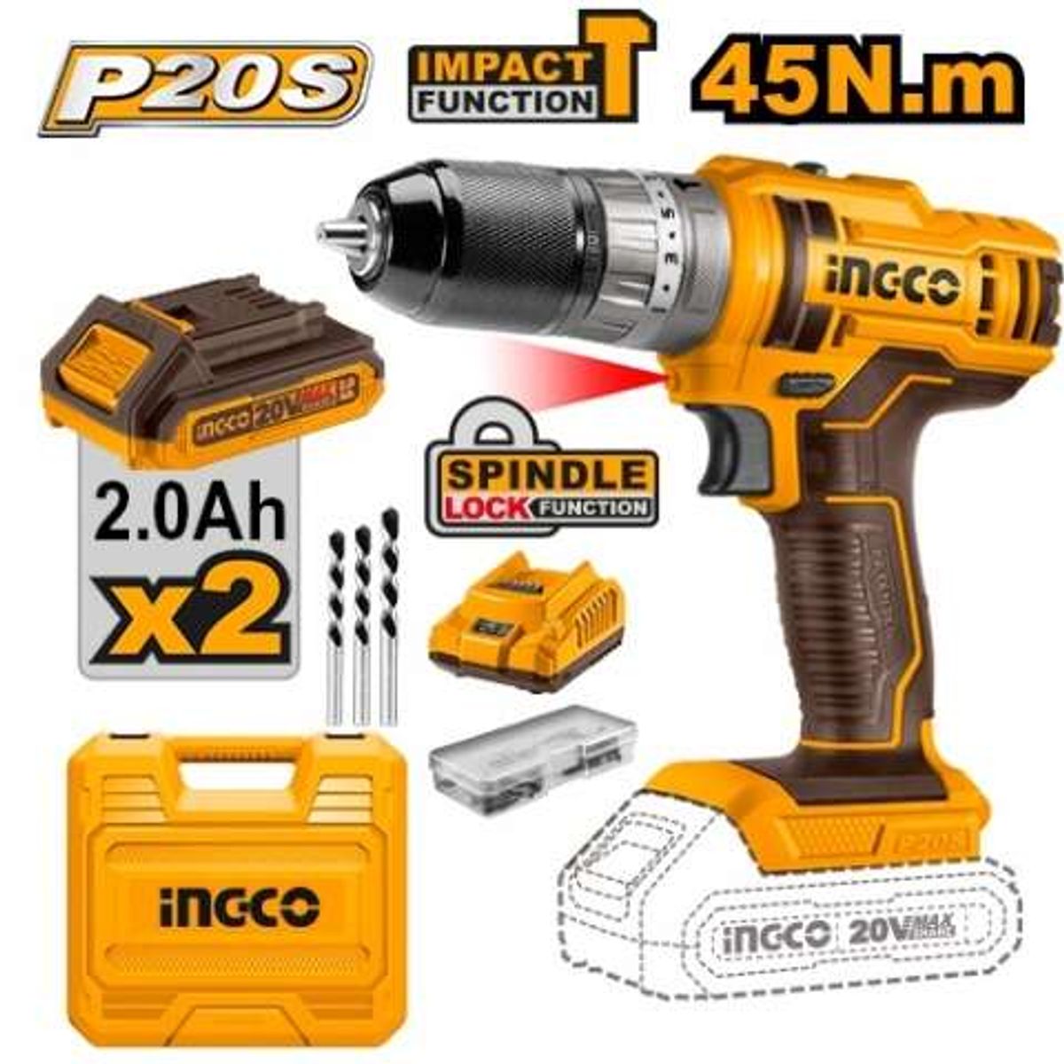 INGCO TOOLS - Atornillador Taladro de Impacto 20V + Accesorios CIDLI201452 Ingco