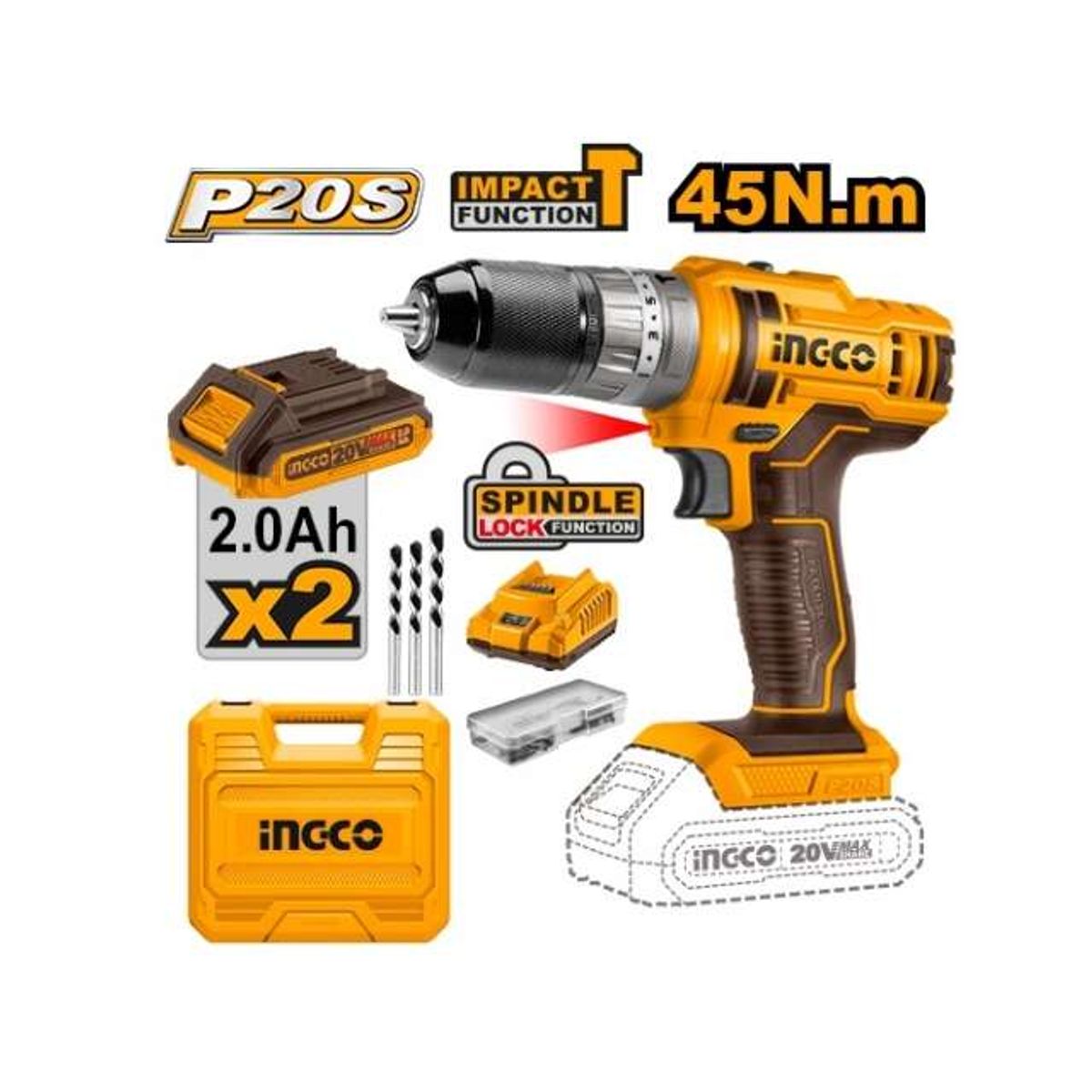 INGCO TOOLS - Atornillador Taladro de Impacto 20V + Accesorios CIDLI201452 Ingco