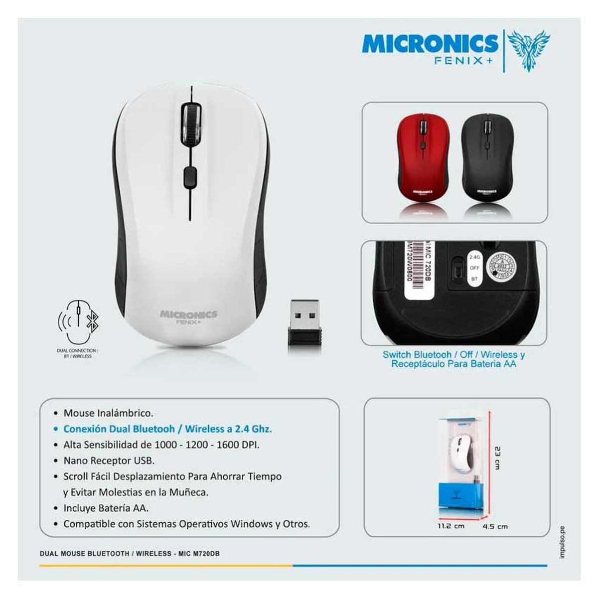 MICRONICS - Mouse MICRONICS FENIX+ MIC M720DB BT Inalambrico 1600 Dpi Negro