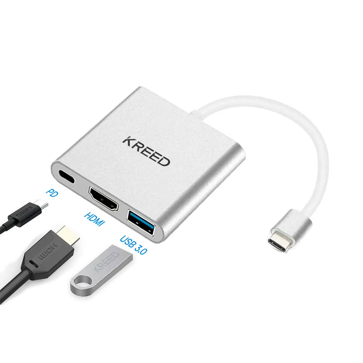 KREED - Adaptador Hub 3 en 1 Tipo C a USB, HDMI, Tipo C