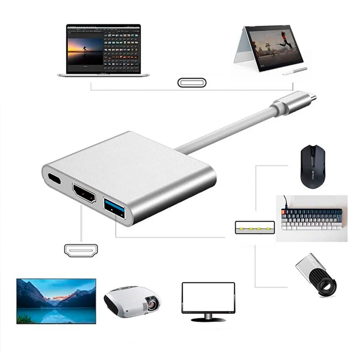 KREED - Adaptador Hub 3 en 1 Tipo C a USB, HDMI, Tipo C