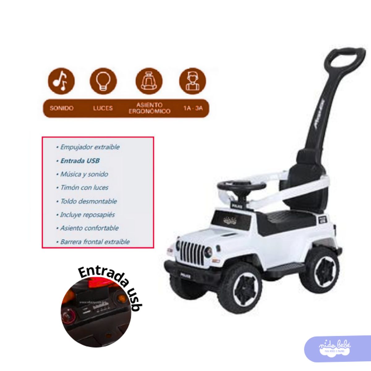 GENERICO - Bugui Guiador Police Desmontable 3 en 1 Usb Musical - Blanco