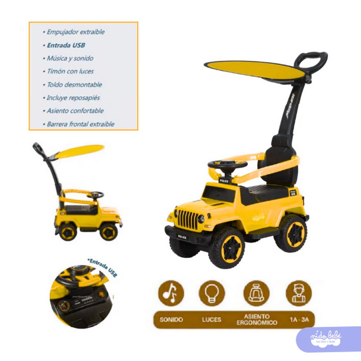 GENERICO - Bugui Guiador Police Desmontable 3 en 1 Usb Musical – Amarillo