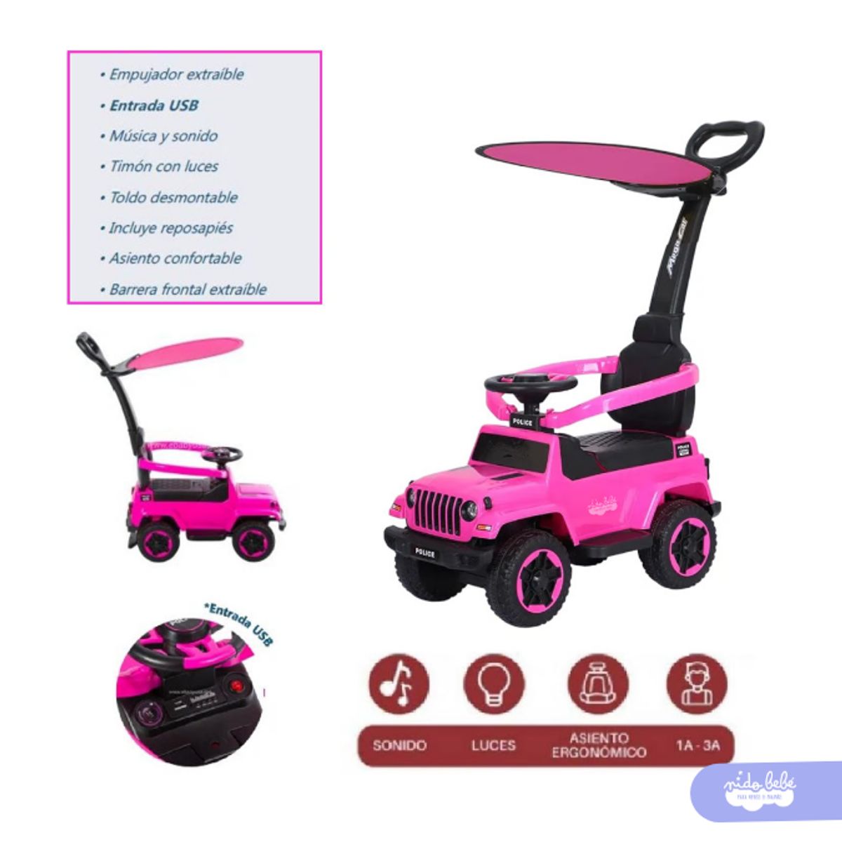 GENERICO - Bugui Guiador Police Desmontable 3 en 1 Usb Musical -Rosado