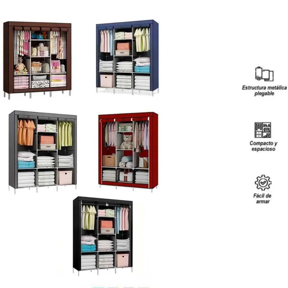 OEM - Ropero Armable 3 Cuerpos Estante Organizador con Funda - Multicolor