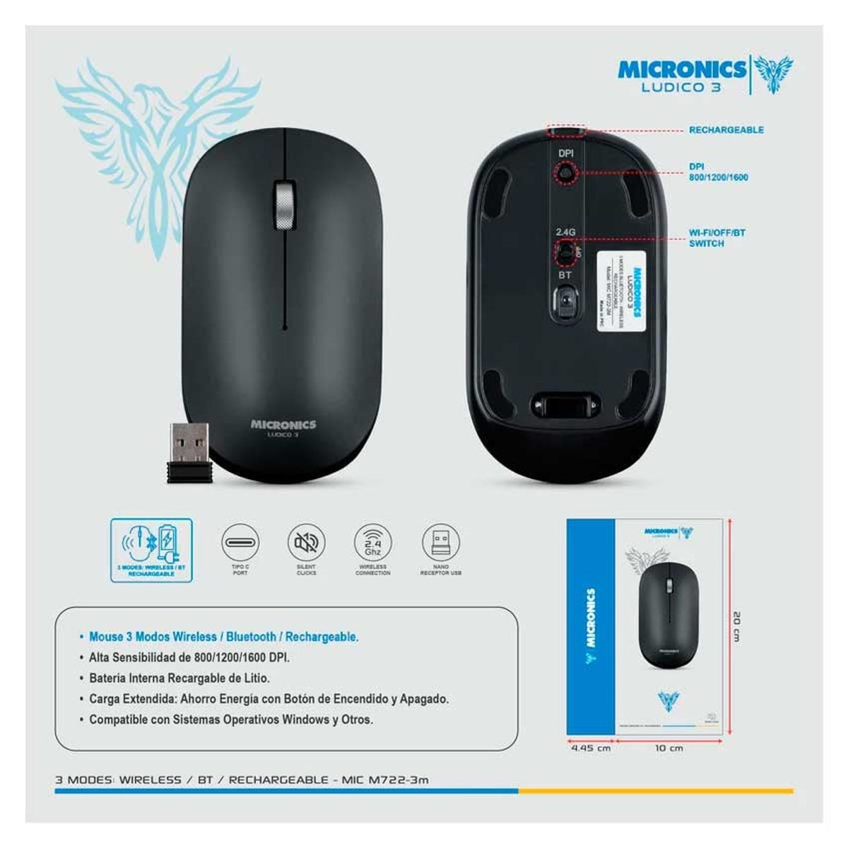 MICRONICS - Mouse MICRONICS LUDICO MIC M722-3M BT - Inalambrico 1600 Dpi Negro
