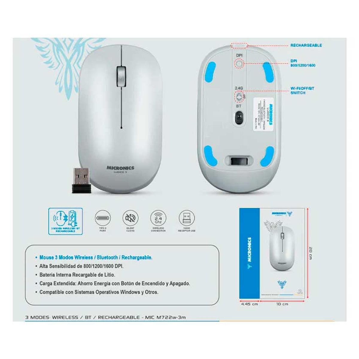 MICRONICS - Mouse MICRONICS LUDICO MIC M722W-3M BT - Inalambrico 1600 Dpi Blanco