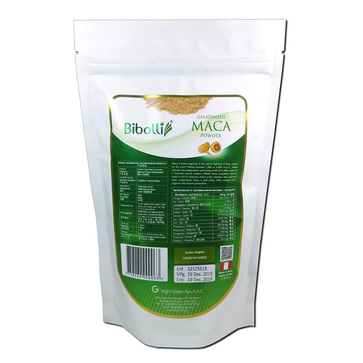 BIBOLLI - Harina de Maca Amarilla Gelatinizada de 500 Gramos.