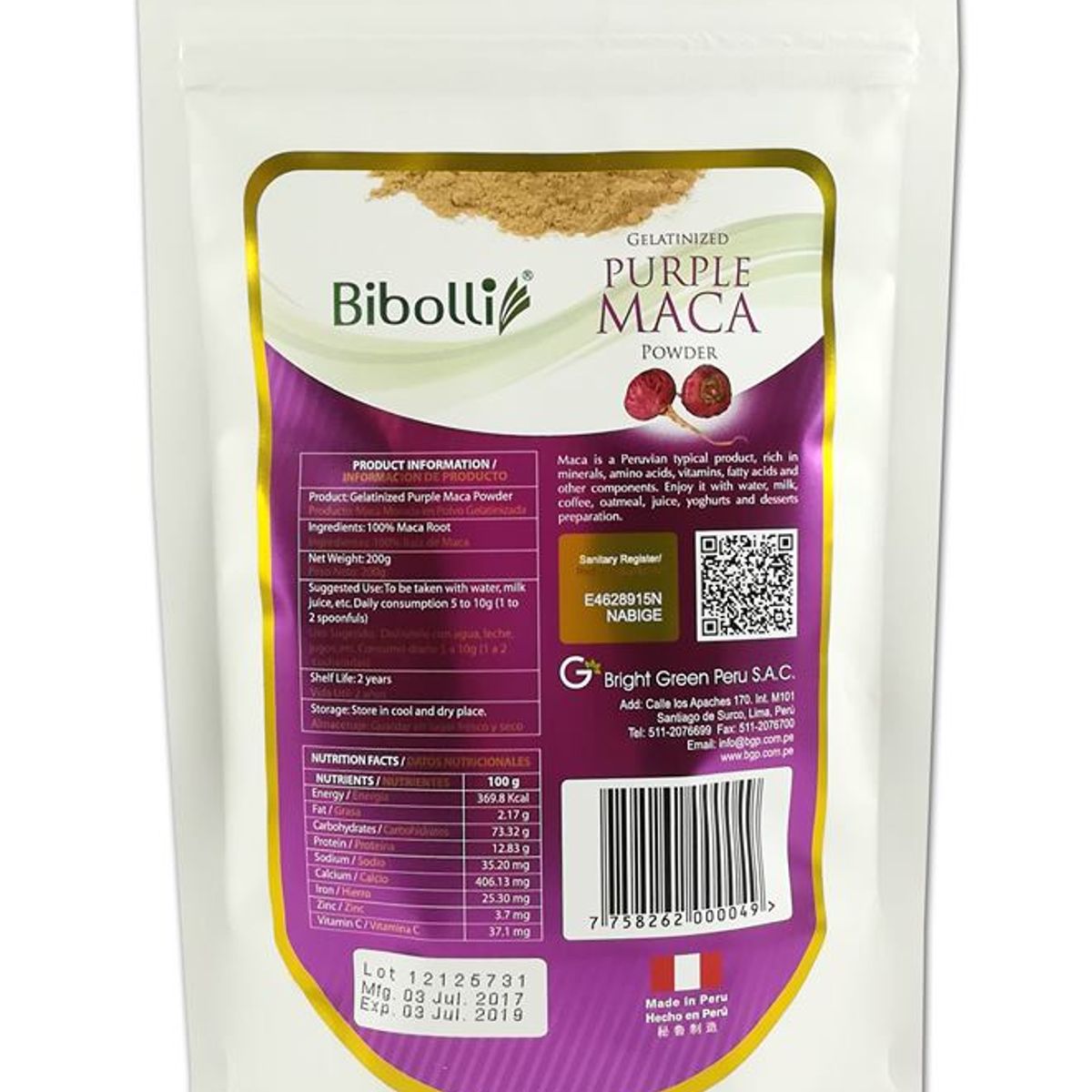 BIBOLLI - Harina de Maca Morada Gelatinizada de 200 Gramos.