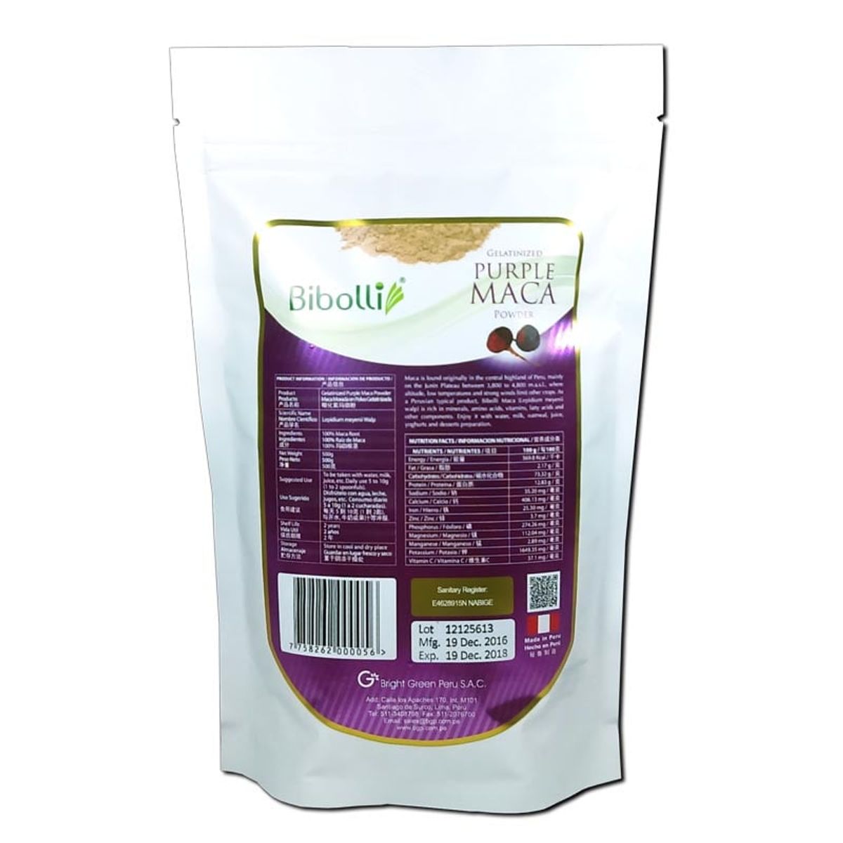 BIBOLLI - Harina de Maca Morada Gelatinizada de 500 Gramos.