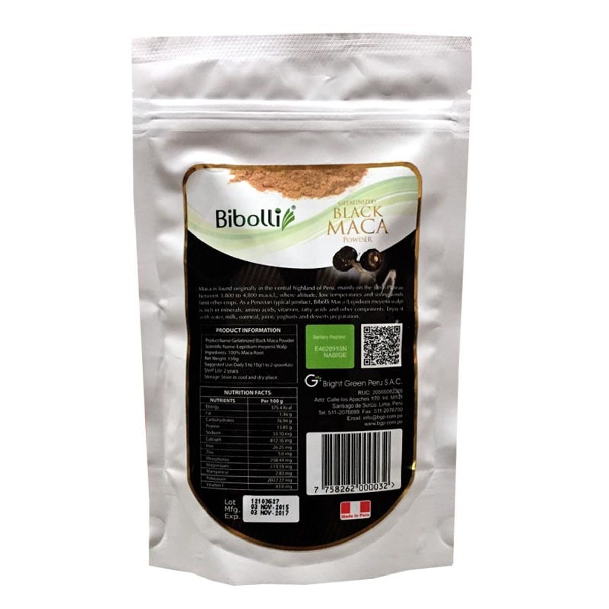 BIBOLLI - Harina de Maca Negra Gelatinizada de 150 Gramos.