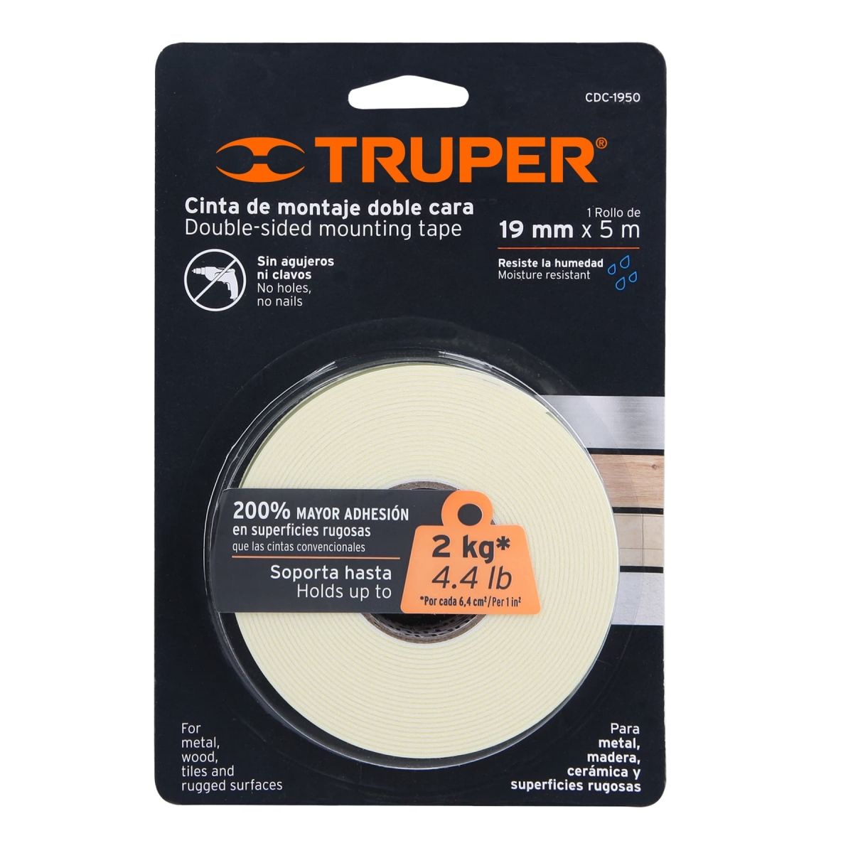 TRUPER - Cinta Doble Contacto de 19 mm x 5 m, Truper