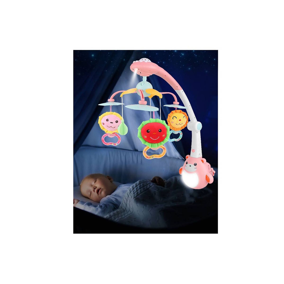 IDEAL - Movil Para Cuna con Proyector Luces y Control Rosado