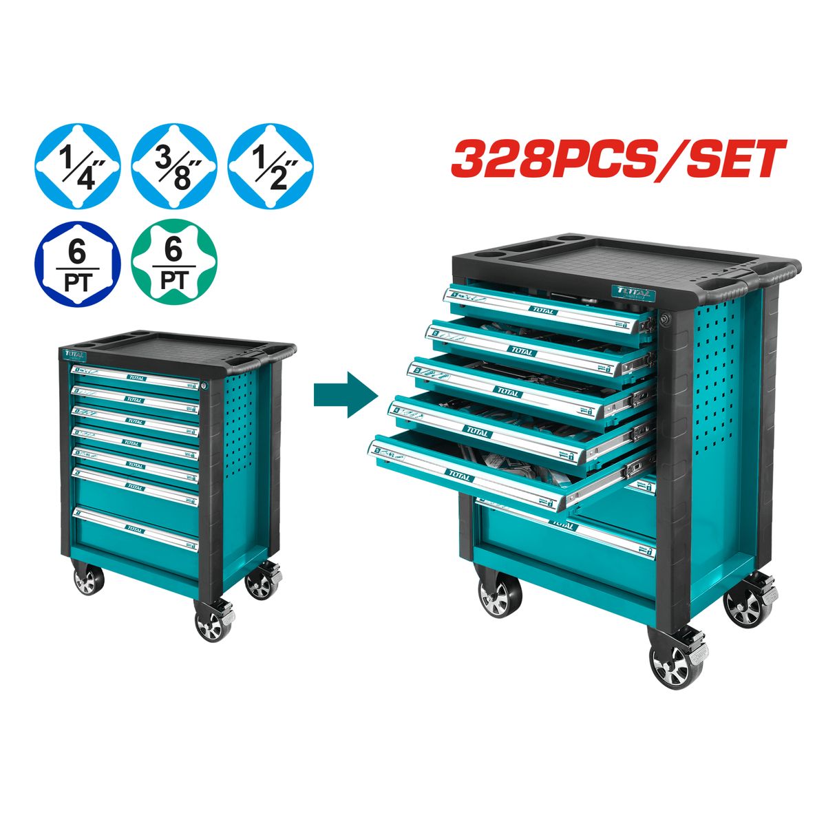 TOTAL TOOLS - Gavinete metalico 6 cajones + 328 herramientas Total