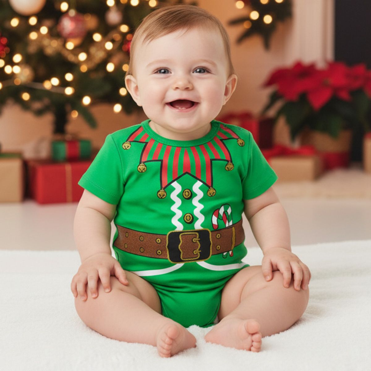 GENERICO - Body Navideño Arlequin Cuello a Rayas Verde de Algodón Pima Navidad