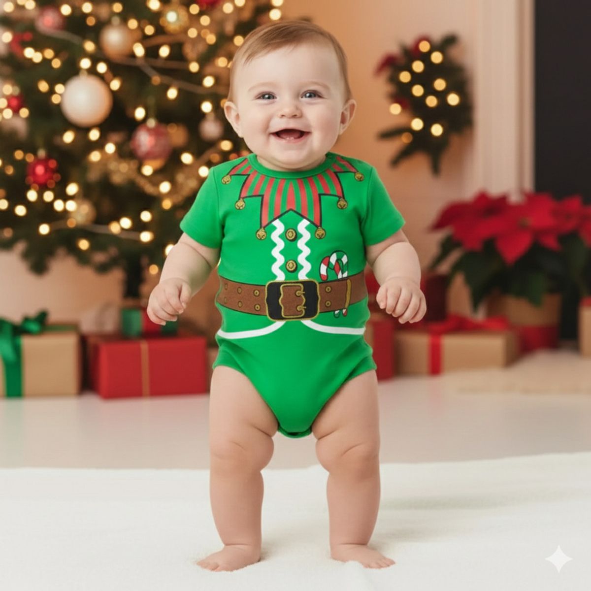 GENERICO - Body Navideño Arlequin Cuello a Rayas Verde de Algodón Pima Navidad