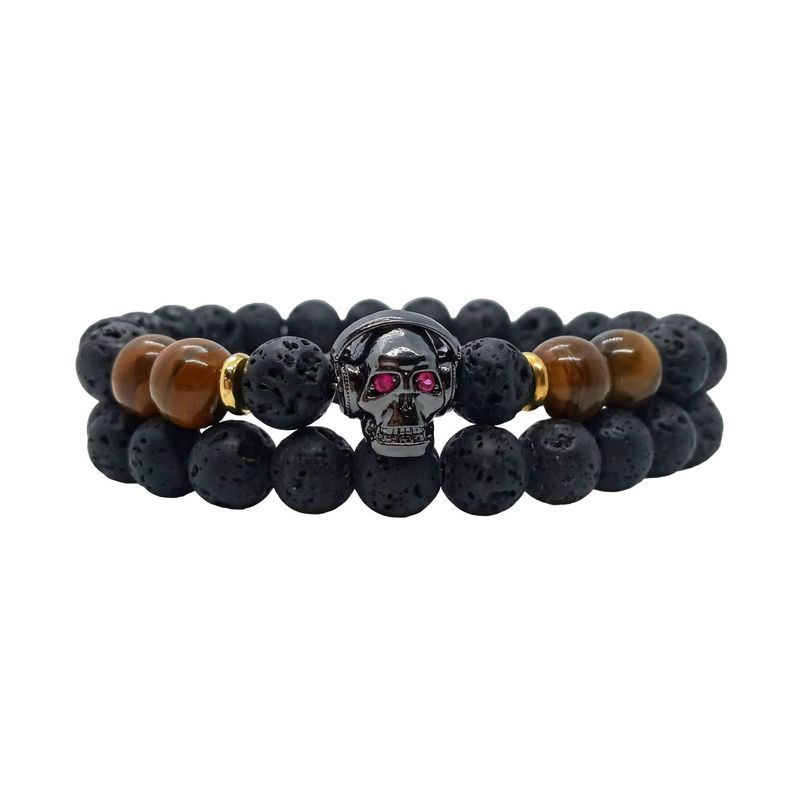 LUCYANA JOYAS Y ACCESORIOS - Pulsera Hombre Calavera con Piedra Volcánica y Ojo de Tigre Marrón