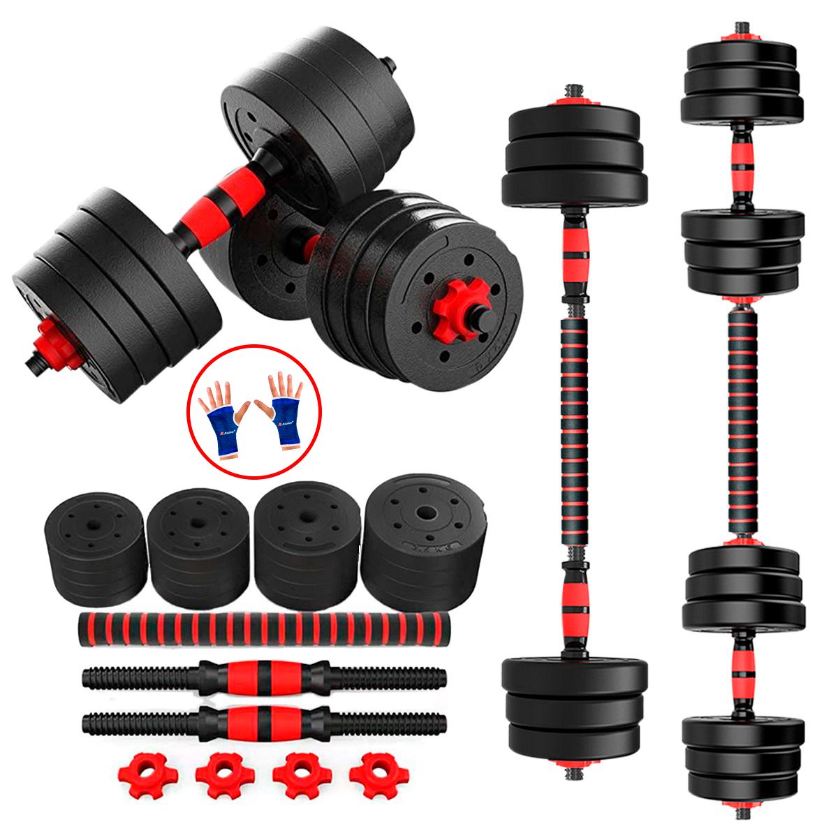 HOLGU - Pesas 30KG Rueda Mancuernas Convertible Barra Recta P-Rusa + Guantes de Regalo
