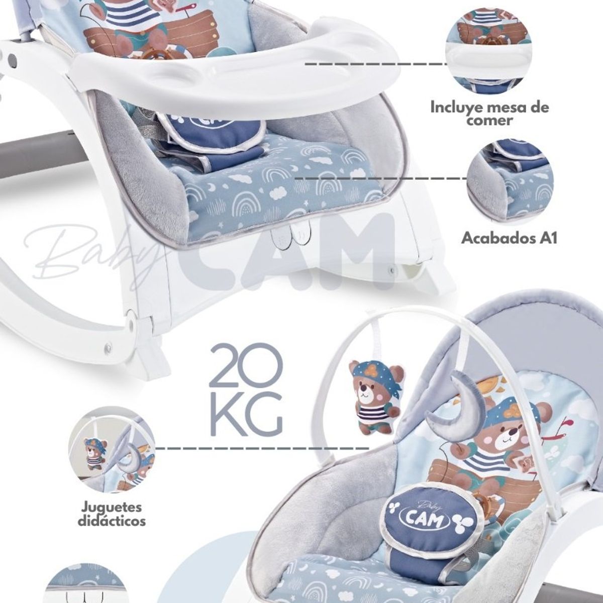 CAM - Silla Mecedora Rocking 5 En 1 Musical vibrador bandeja Comer