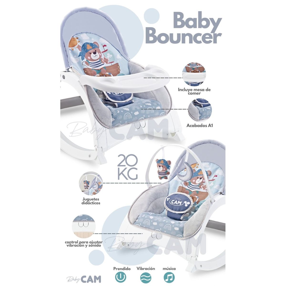 CAM - Silla Mecedora Rocking 5 En 1 Musical vibrador bandeja Comer