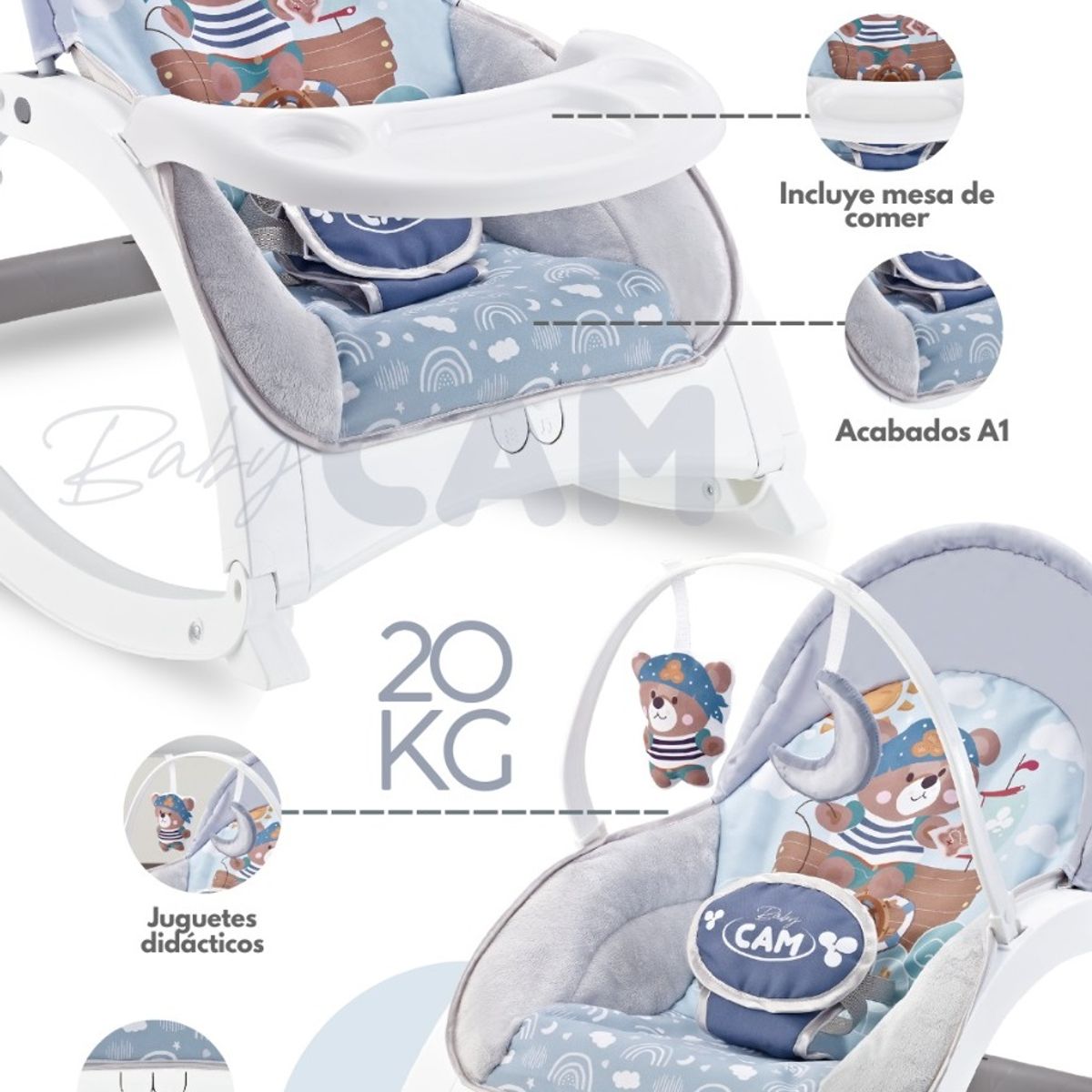 CAM - Silla Mecedora Rocking 5 En 1 Musical vibrador bandeja Comer